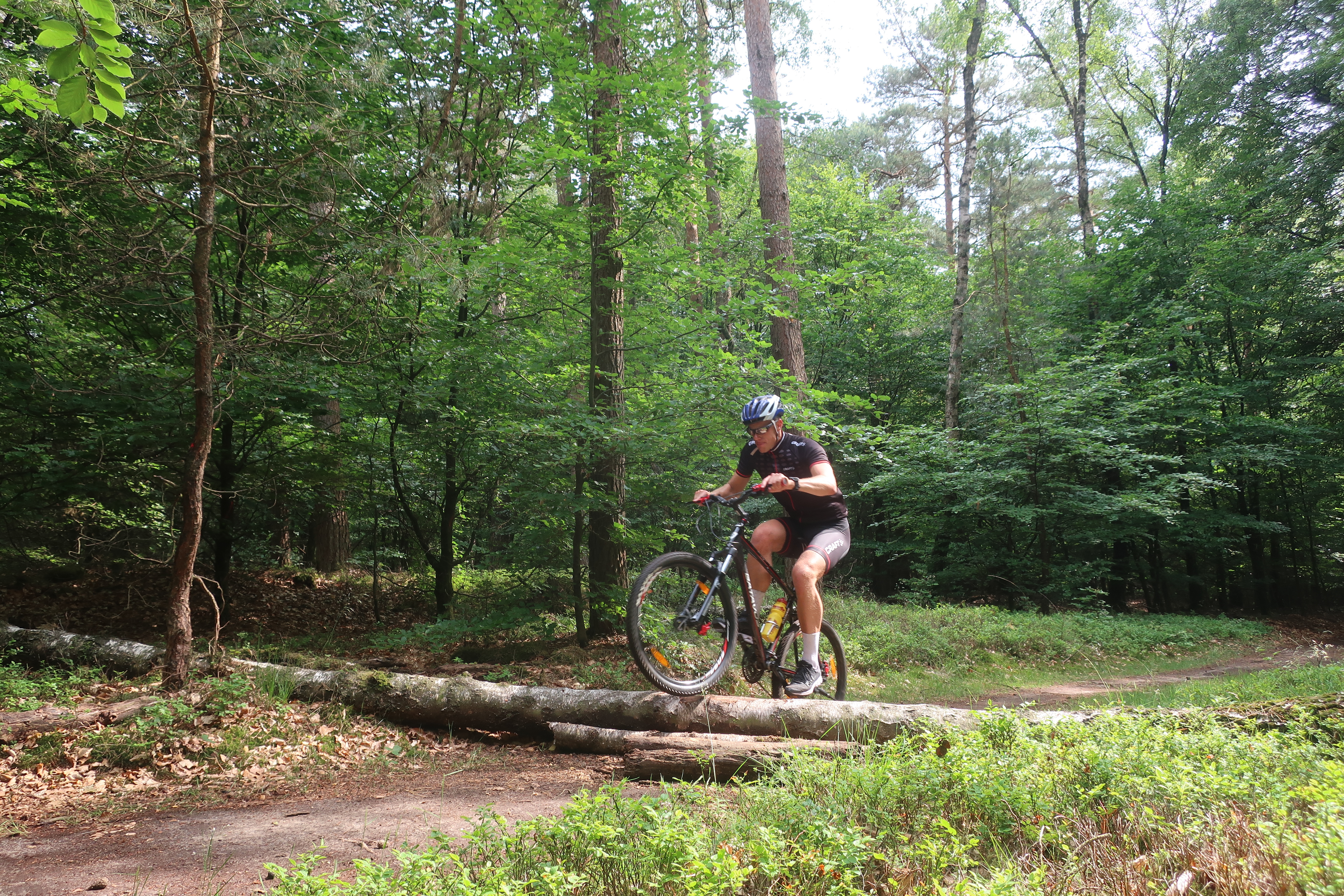 Mit dem Bike über den Baumstamm.