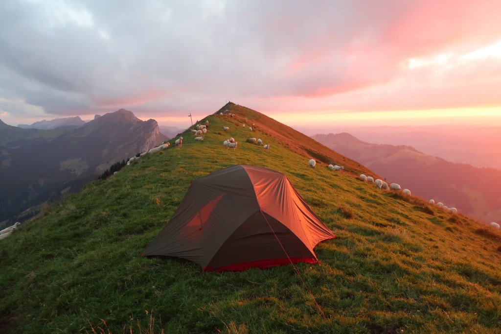 Das Zelt bei Sonnenuntergang.