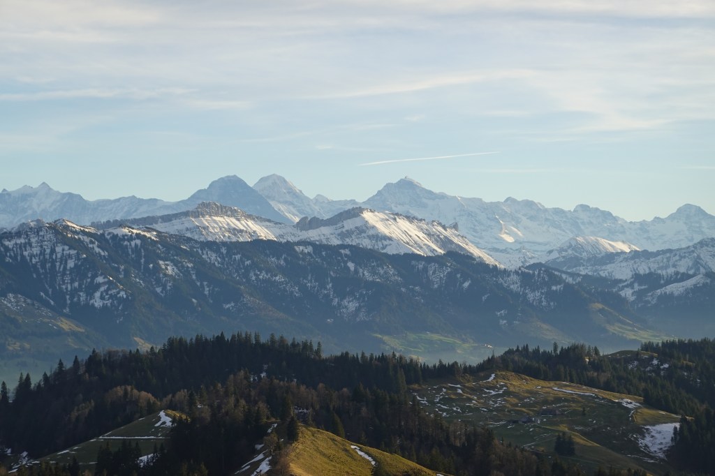 Eiger, Mönch und Jungfrau vom Napf aus im Winter.